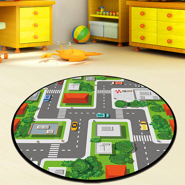 Stornfield | Grey and Green Polyester Children's Rug, Road Pattern, Easy-to-Wash Mat, Non-Slip Backing, Decorative Rug
