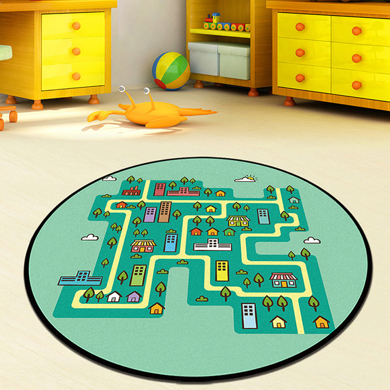 Stornfield | Grey and Green Polyester Children's Rug, Road Pattern, Easy-to-Wash Mat, Non-Slip Backing, Decorative Rug
