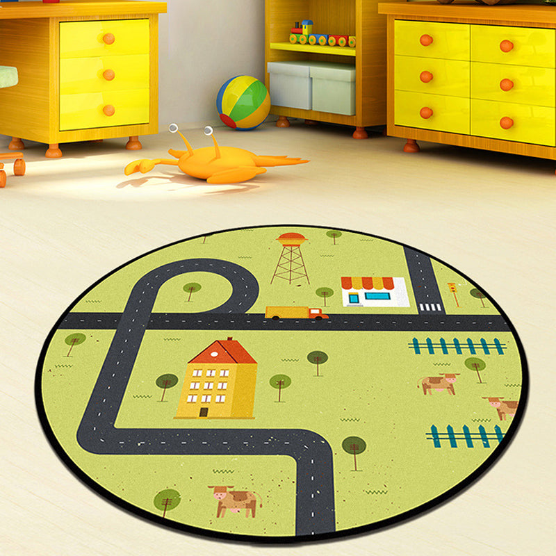Stornfield | Grey and Green Polyester Children's Rug, Road Pattern, Easy-to-Wash Mat, Non-Slip Backing, Decorative Rug