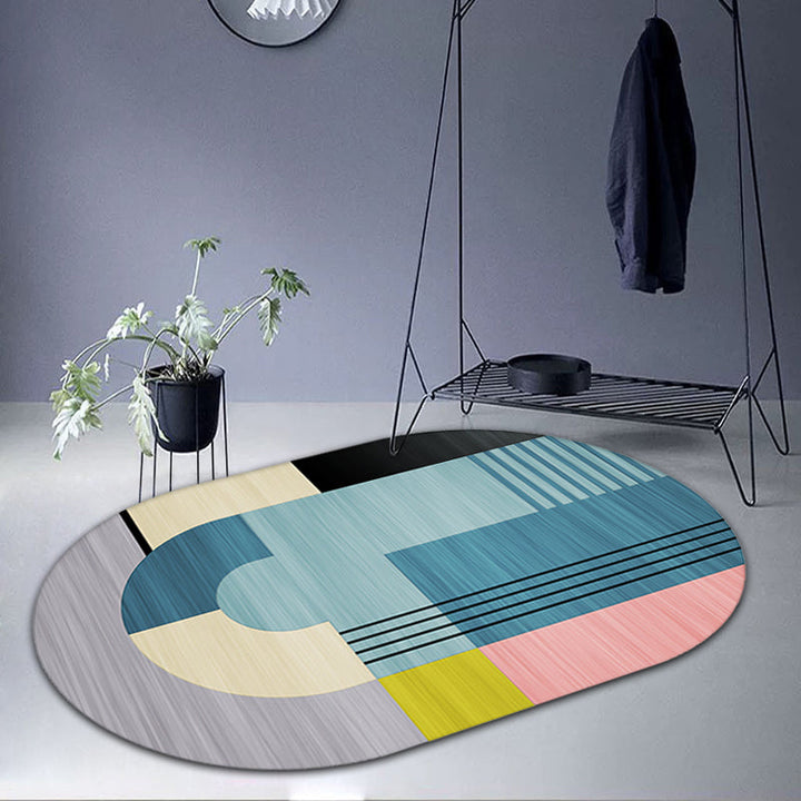 Stornfield | Blue Color Block Striped Polyester Rug, Casual Fancy Rug, Non-Slip Backing for Home Decor