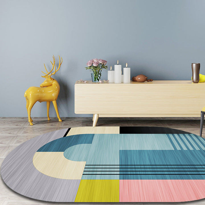 Stornfield | Blue Color Block Striped Polyester Rug, Casual Fancy Rug, Non-Slip Backing for Home Decor