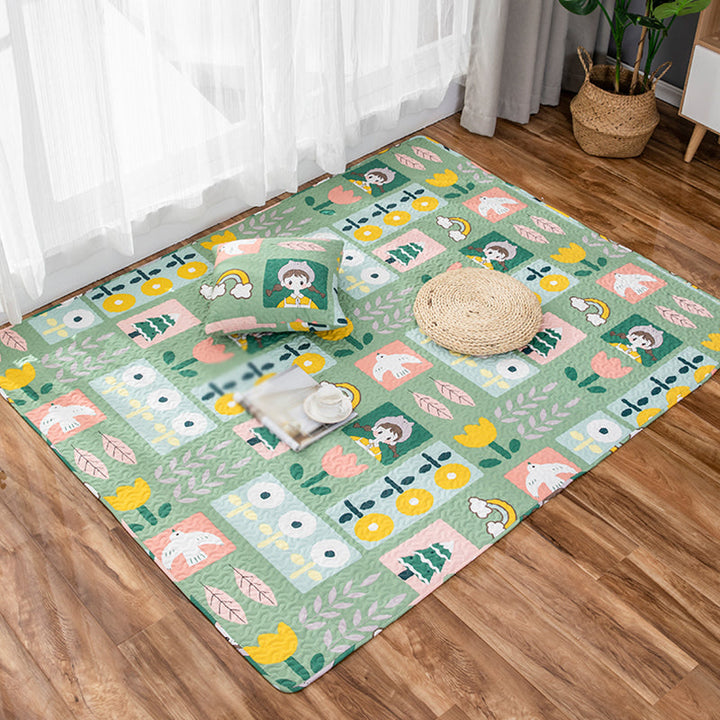 Stornfield | Kids' Cotton Rug with Beige and Green Floral Pattern Washable Pet-Friendly Non-Slip Rug for Nursery