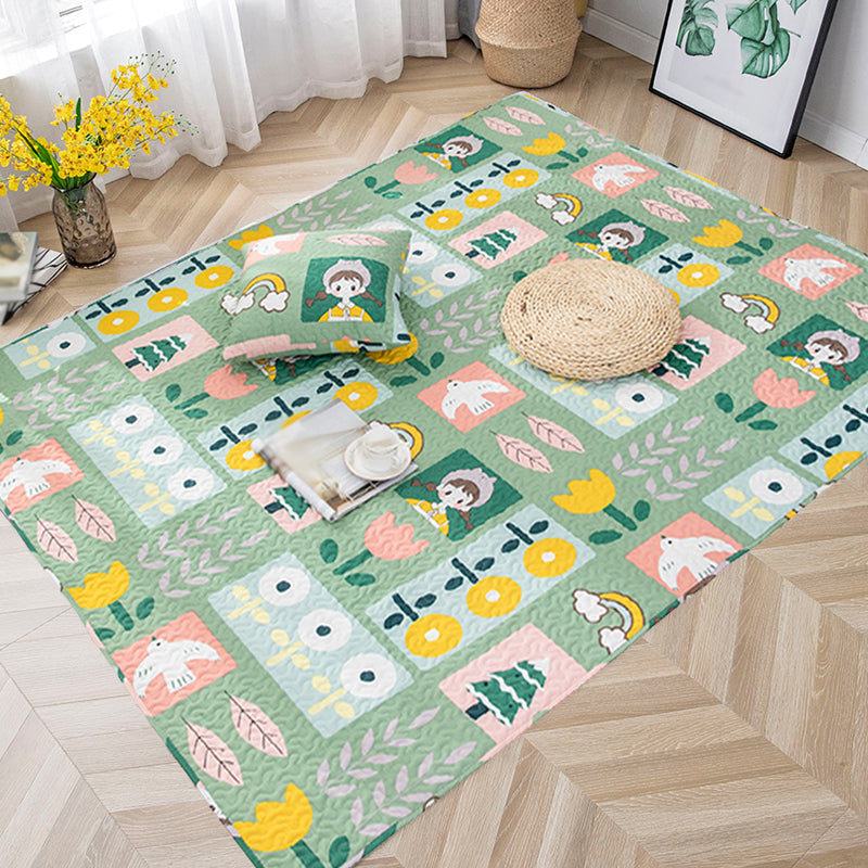 Stornfield | Kids' Cotton Rug with Beige and Green Floral Pattern Washable Pet-Friendly Non-Slip Rug for Nursery