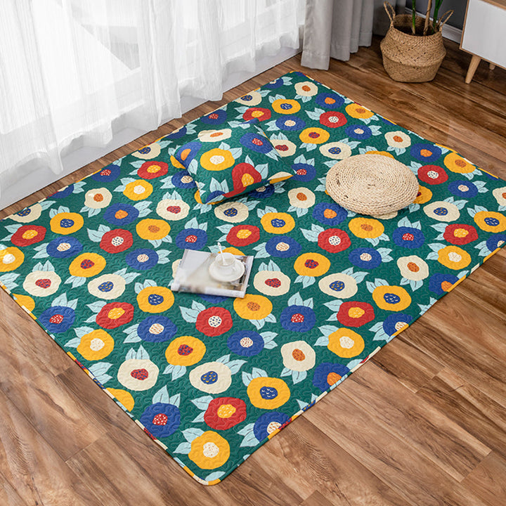 Stornfield | Kids' Cotton Rug with Beige and Green Floral Pattern Washable Pet-Friendly Non-Slip Rug for Nursery