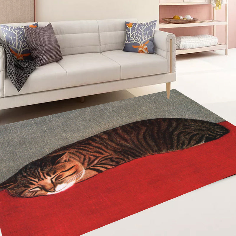 Stornfield | Novelty Red and Black Cat Pattern Washable Polyester Pet-Friendly Rug for Decoration
