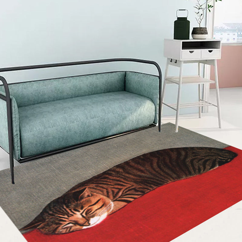 Stornfield | Novelty Red and Black Cat Pattern Washable Polyester Pet-Friendly Rug for Decoration