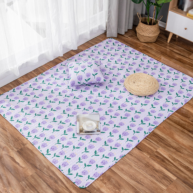 Stornfield | Green and Purple Cotton Kids Rug, Flower Rug, Pet-Friendly, Washable, Non-Slip Floor Mat for Decor