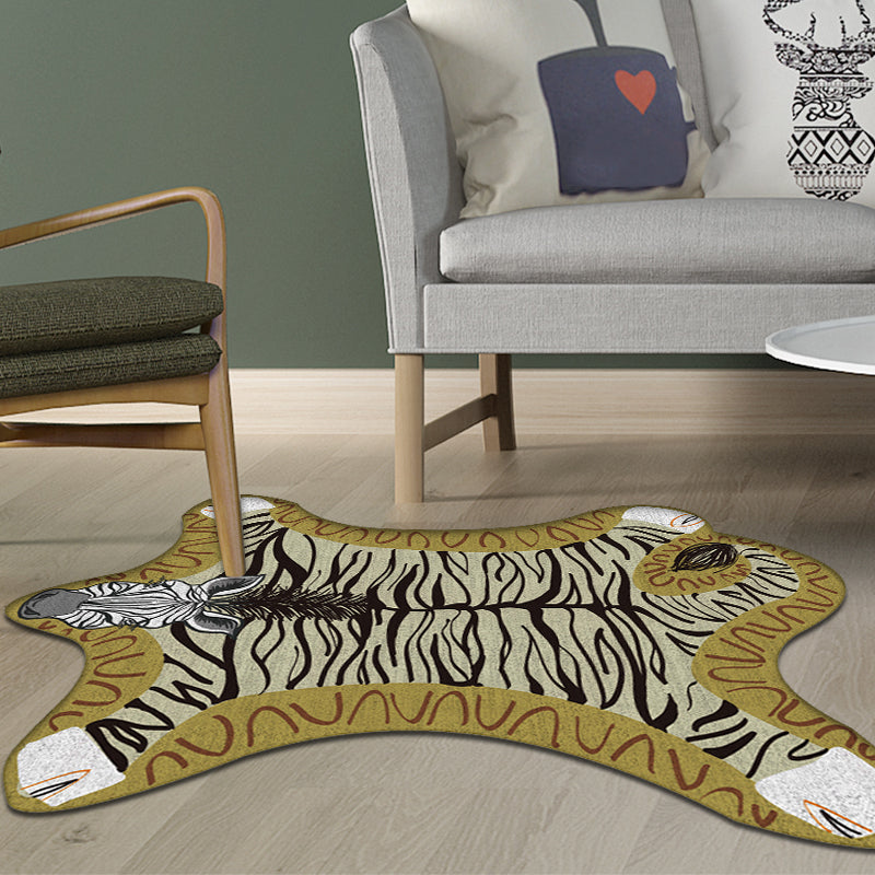 Stornfield | Unique Irregular Kids Rug in Yellow and Grey Zebra Animal Print Polyester Rug Washable Kids Bedroom Mat