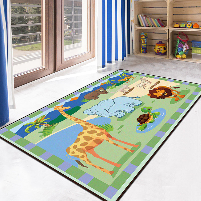 Stornfield | Green and Blue Kids Rug with Animal and Insect Pattern Polyester Washable Non-Slip Pet Friendly Decorative Rug