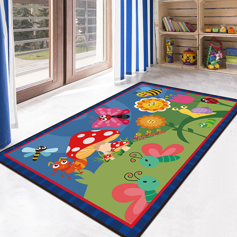 Stornfield | Green and Blue Kids Rug with Animal and Insect Pattern Polyester Washable Non-Slip Pet Friendly Decorative Rug