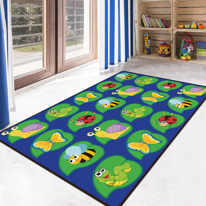 Stornfield | Green and Blue Kids Rug with Animal and Insect Pattern Polyester Washable Non-Slip Pet Friendly Decorative Rug