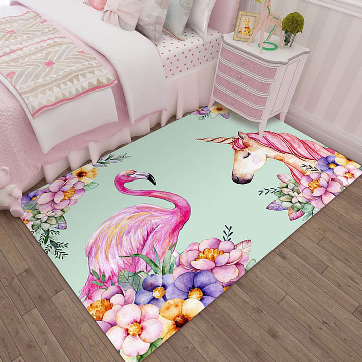 Stornfield | Pink and Blue Colorful Cartoon Animal Pattern Polyester Area Rug, Kids Play Mat, Washable, Non-Slip for Nursery