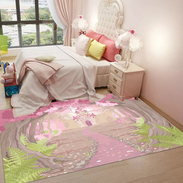 Stornfield | Pink and Blue Polyester Kids' Rug, Forest and City Pattern, Pet-Friendly, Washable with Non-Slip Backing, Decorative Mat