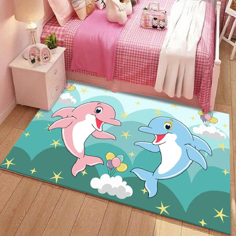 Stornfield | Kids' Cartoon Dolphin Pattern Polyester Rug, Green and Blue with Stars, Washable, Pet-Friendly, Non-Slip Mat for Children's Room
