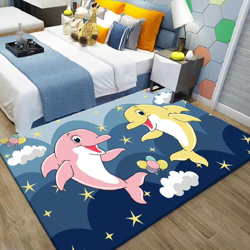 Stornfield | Kids' Cartoon Dolphin Pattern Polyester Rug, Green and Blue with Stars, Washable, Pet-Friendly, Non-Slip Mat for Children's Room