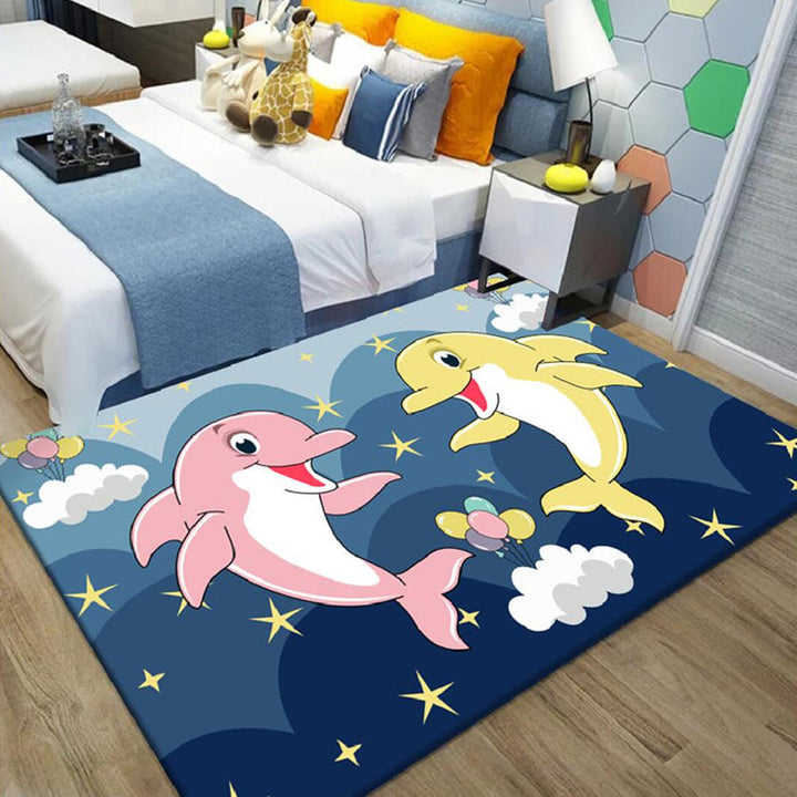 Stornfield | Kids' Cartoon Dolphin Pattern Polyester Rug, Green and Blue with Stars, Washable, Pet-Friendly, Non-Slip Mat for Children's Room