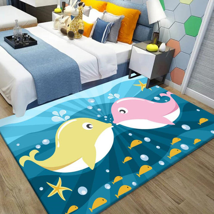 Stornfield | Kids' Cartoon Dolphin Pattern Polyester Rug, Green and Blue with Stars, Washable, Pet-Friendly, Non-Slip Mat for Children's Room