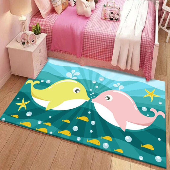 Stornfield | Kids' Cartoon Dolphin Pattern Polyester Rug, Green and Blue with Stars, Washable, Pet-Friendly, Non-Slip Mat for Children's Room