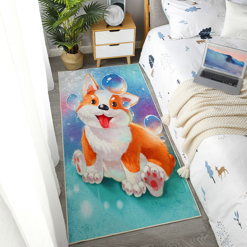 Stornfield | Green and Blue Dog Pattern Kids Rug Polyester Washable Pet-Friendly Non-Slip Area Rug for Children's Room