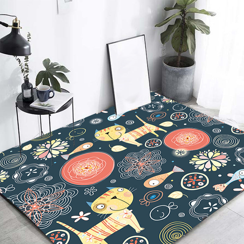 Stornfield | Dark Black Polyester Rug for Kids with Animal and Flower Pattern Pet Friendly Washable with Non-Slip Backing for Decoration