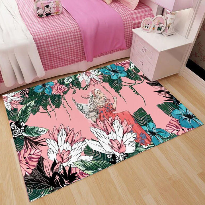 Stornfield | Pink and Green Polyester Kids Rug with Cartoon Character Pattern Pet Friendly Washable Rug with Anti-Slip Backing for Decoration