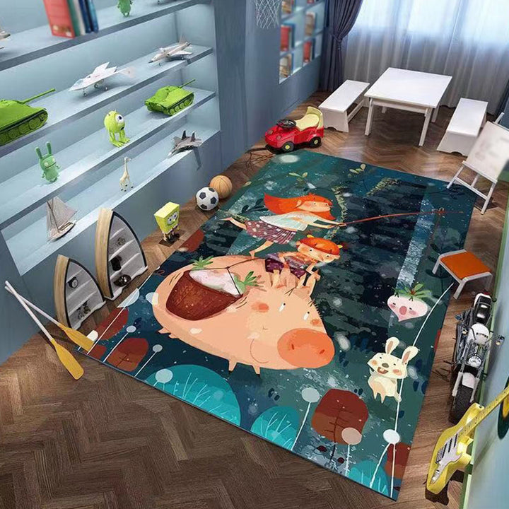 Stornfield | Pink and Green Polyester Kids Rug with Cartoon Character Pattern Pet Friendly Washable Rug with Anti-Slip Backing for Decoration