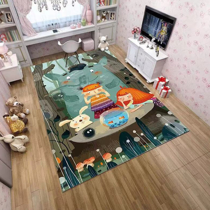Stornfield | Pink and Green Polyester Kids Rug with Cartoon Character Pattern Pet Friendly Washable Rug with Anti-Slip Backing for Decoration