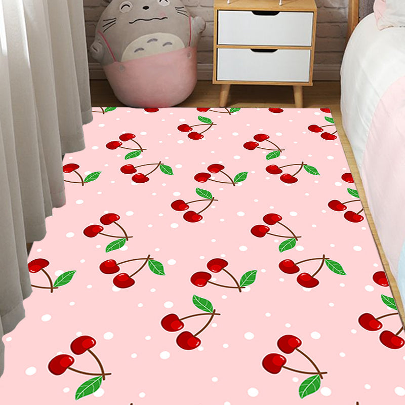 Stornfield | Pink Children's Rug Synthetic Cherry Print Rug Pet-Friendly Washable Rug with Non-Slip Backing for Decoration