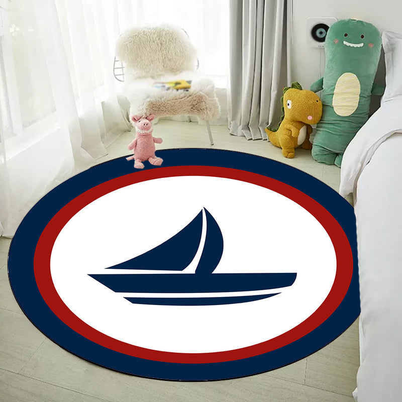 Stornfield | Unique nautical pattern rug with boat and anchor Blue and white children's rug Made of polyester Washable Pet-friendly Non-slip rug for children's room