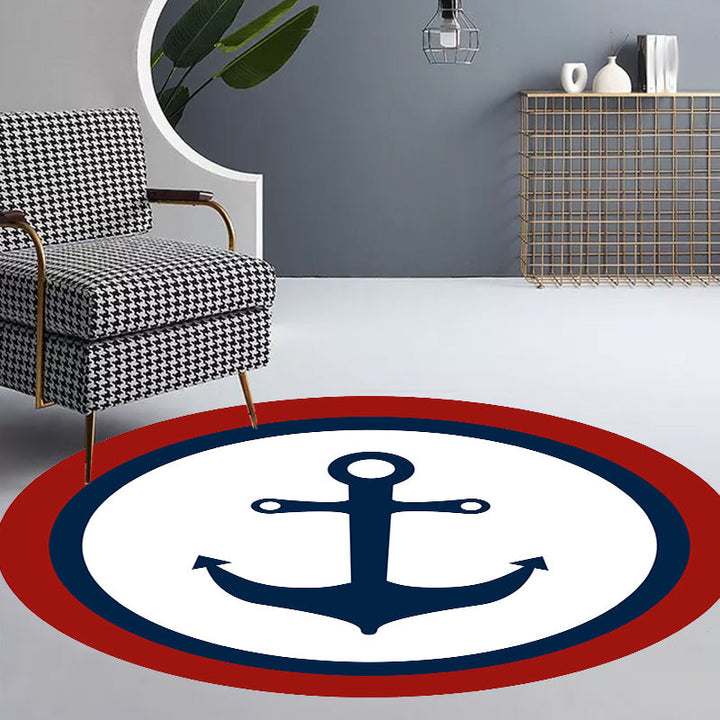 Stornfield | Unique nautical pattern rug with boat and anchor Blue and white children's rug Made of polyester Washable Pet-friendly Non-slip rug for children's room