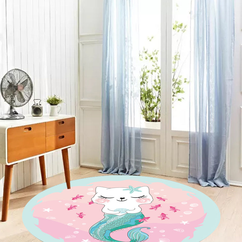 Stornfield | Kids Pink and Red Cartoon Cat Pattern Polyester Mat, Washable, Pet-Friendly, Non-Slip Mat for Kids Bedroom