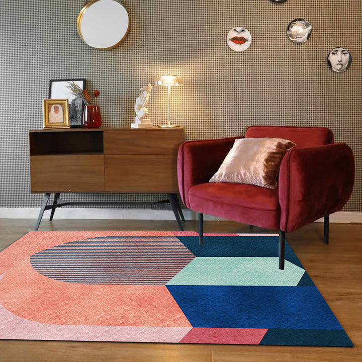 Stornfield | Stylish Red Colorblock Striped Rug Casual Polyester Pet-Friendly Washable Living Room Rug