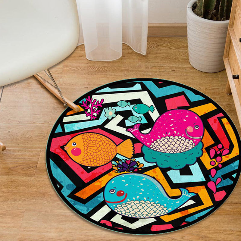 Stornfield | Colorful Polyester Rug with Cartoon Animal and Multicolor Fish Pattern, Washable and Non-Slip Kids' Rug, Ideal for Children's Room