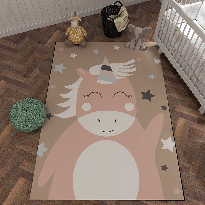 Stornfield | Unique Black and Pink Starry Cartoon Animal Polyester Rug, Washable, Pet-Friendly, Non-Slip Mat for Kids' Room