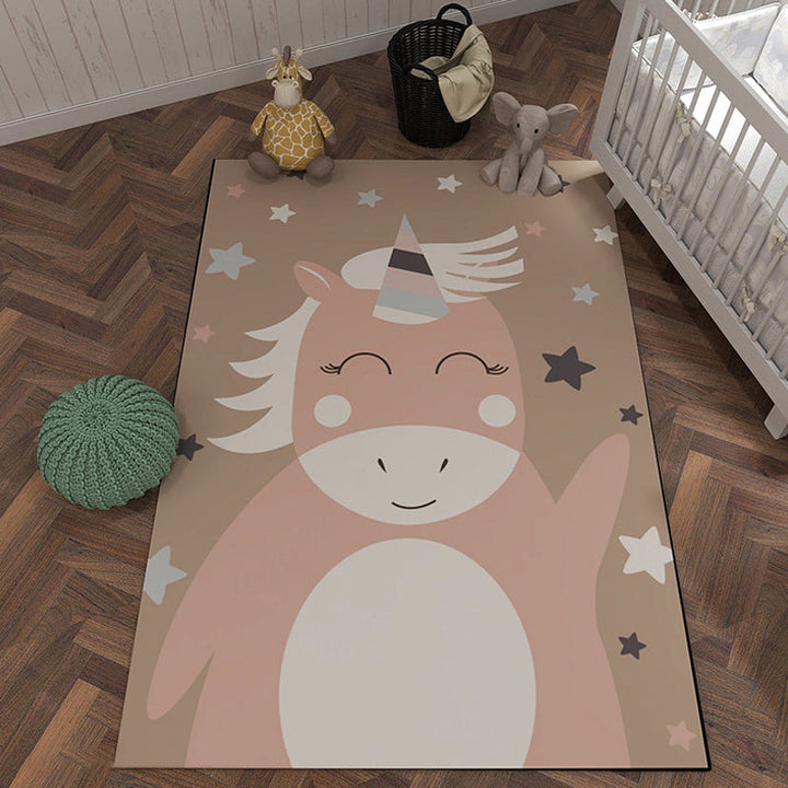 Stornfield | Unique Black and Pink Starry Cartoon Animal Polyester Rug, Washable, Pet-Friendly, Non-Slip Mat for Kids' Room