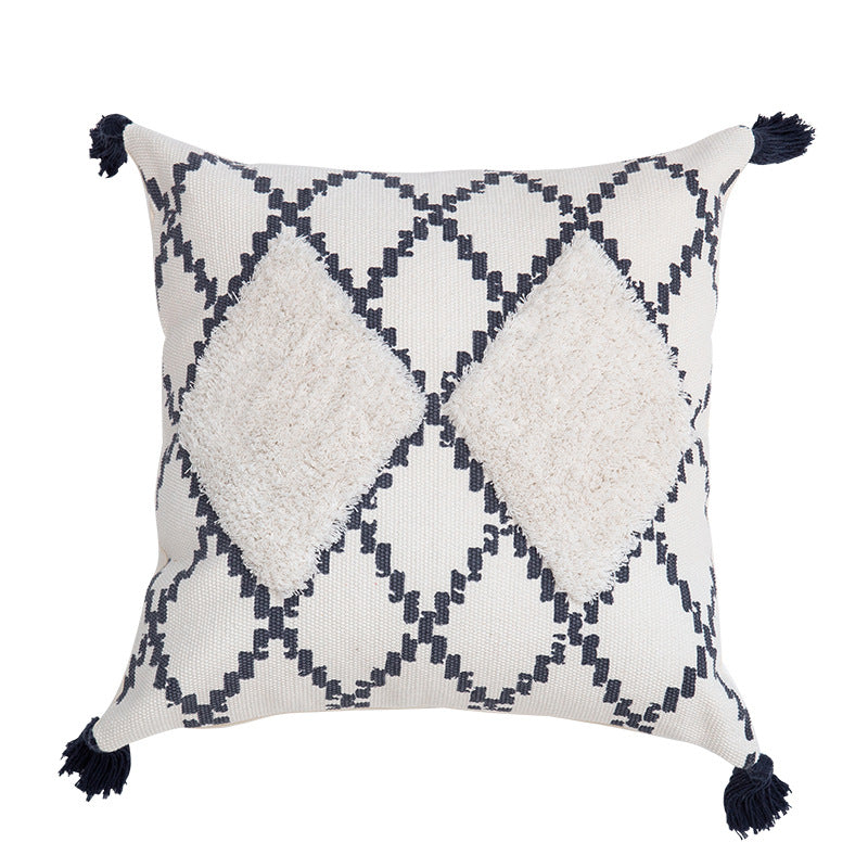 Decorative Boho cushion cover with hand-tufted diamond relief, tassels, and woven cotton blend Stornfield