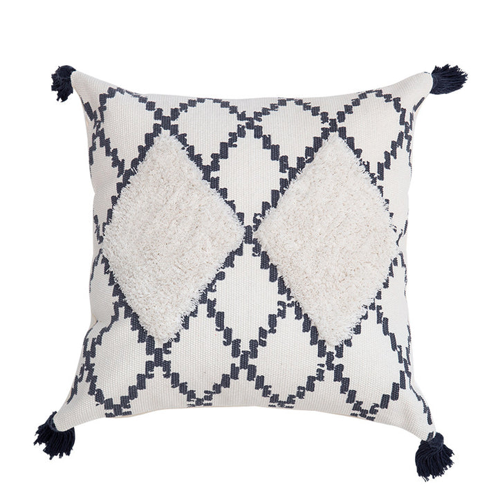 Decorative Boho cushion cover with hand-tufted diamond relief, tassels, and woven cotton blend Stornfield