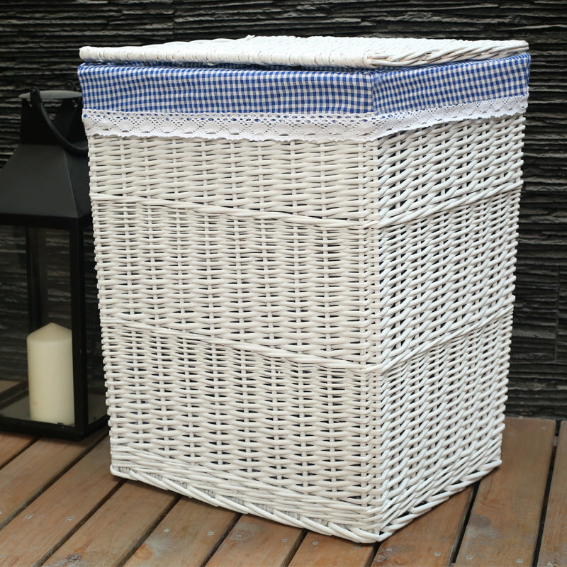 Ladies laundry basket with checked fabric cover and elegant lace trim Stornfield