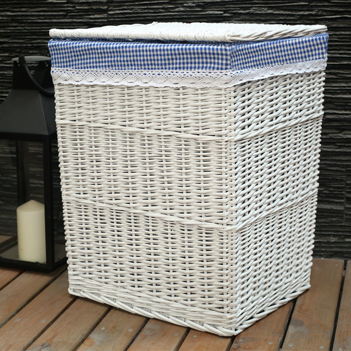 Ladies laundry basket with checked fabric cover and elegant lace trim Stornfield