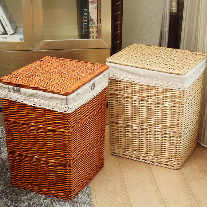Ladies laundry basket with checked fabric cover and elegant lace trim Stornfield