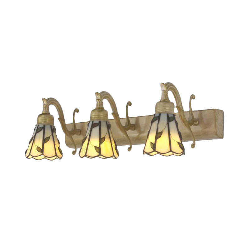 3 Heads Leaf Vanity Light Rustic Loft Stained Glass Makeup Mirror Light with Linear Backplate in Copper/Antique Brass/Gold | Stornfield