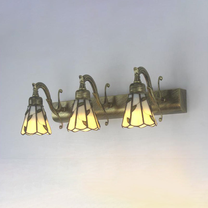 3 Heads Leaf Vanity Light Rustic Loft Stained Glass Makeup Mirror Light with Linear Backplate in Copper/Antique Brass/Gold | Stornfield