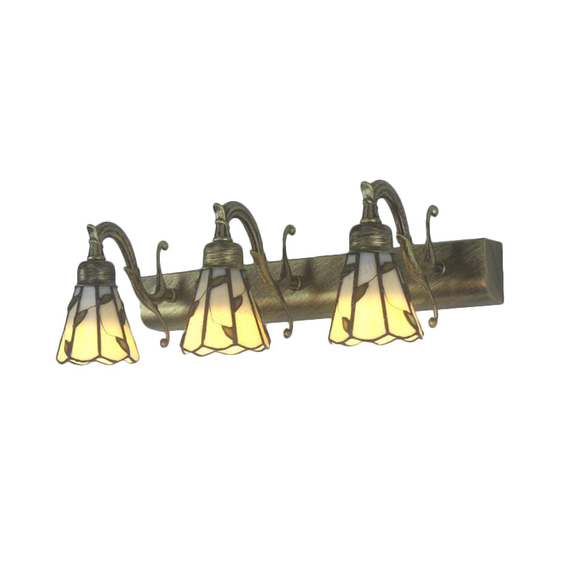 3 Heads Leaf Vanity Light Rustic Loft Stained Glass Makeup Mirror Light with Linear Backplate in Copper/Antique Brass/Gold | Stornfield