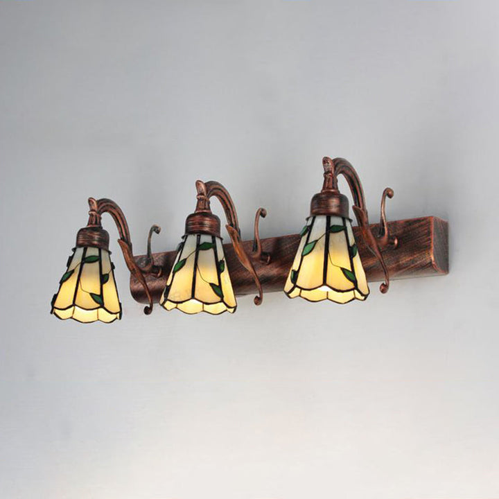 3 Heads Leaf Vanity Light Rustic Loft Stained Glass Makeup Mirror Light with Linear Backplate in Copper/Antique Brass/Gold | Stornfield