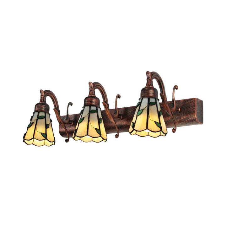 3 Heads Leaf Vanity Light Rustic Loft Stained Glass Makeup Mirror Light with Linear Backplate in Copper/Antique Brass/Gold | Stornfield
