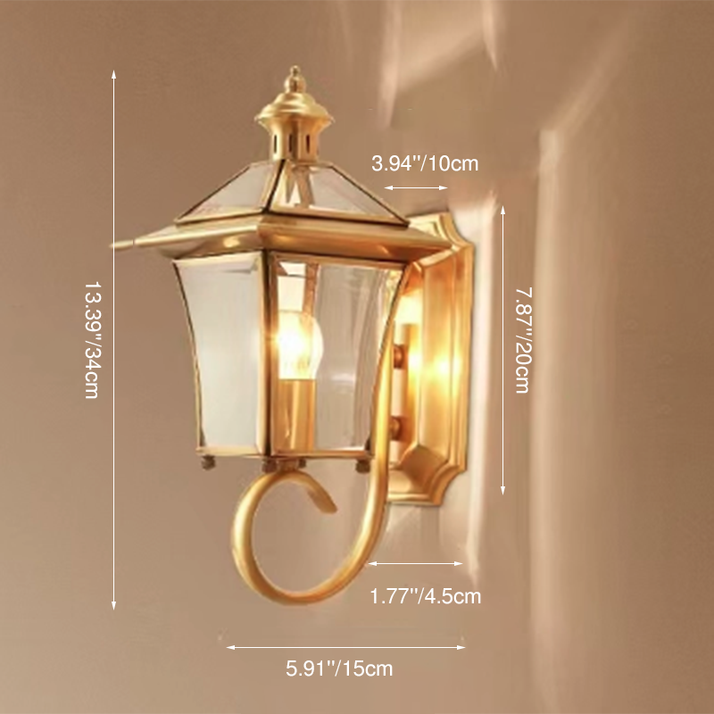Traditional European Quadrangle Candle Holder Copper Frame Glass Shade 1-Light Wall Sconce Lamp For Garden | Stornfield
