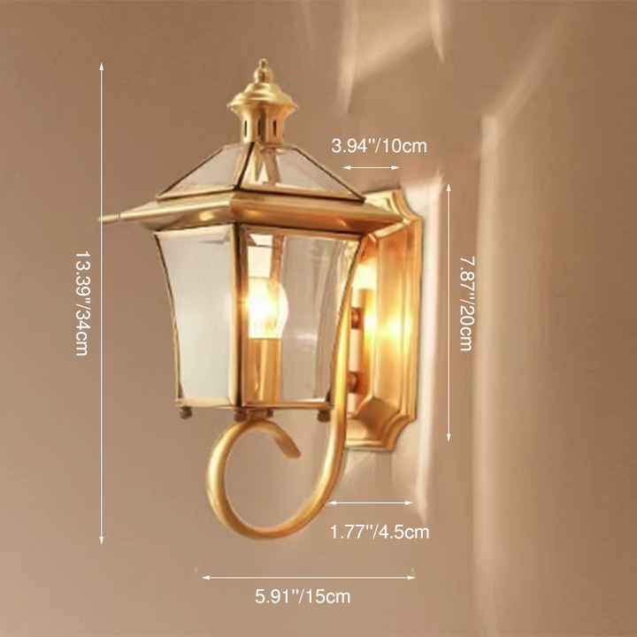 Traditional European Quadrangle Candle Holder Copper Frame Glass Shade 1-Light Wall Sconce Lamp For Garden | Stornfield