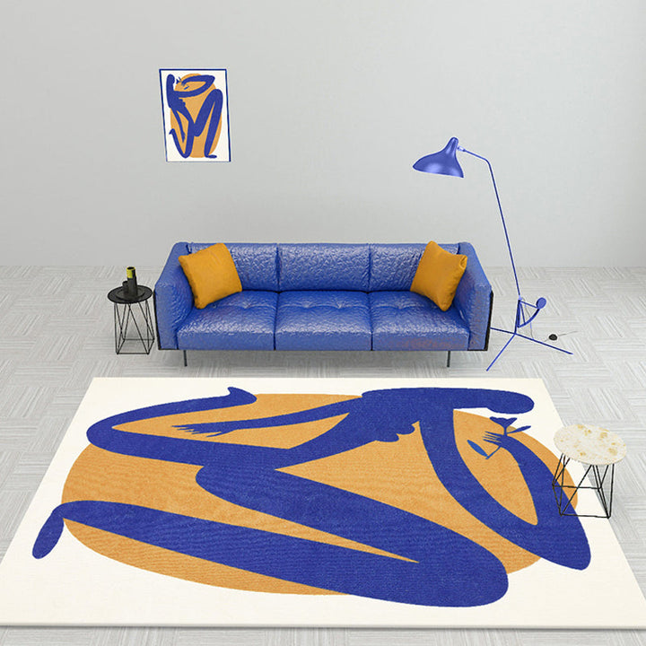 Stornfield | Blue and Orange Abstract Polyester Rug Modern Washable Non-Slip Pet Friendly Rug for Living Room