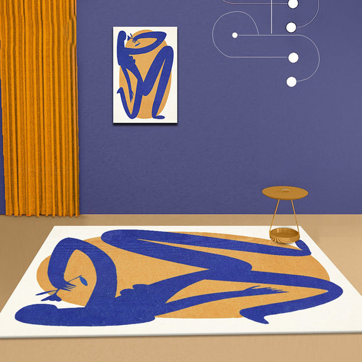 Stornfield | Blue and Orange Abstract Polyester Rug Modern Washable Non-Slip Pet Friendly Rug for Living Room