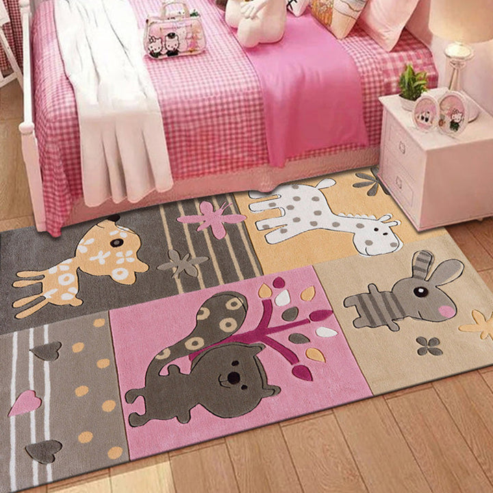 Stornfield | Stylish multicolored polyester rug for kids with animal and stripe pattern, washable, pet-friendly, non-slip rug for kids' room